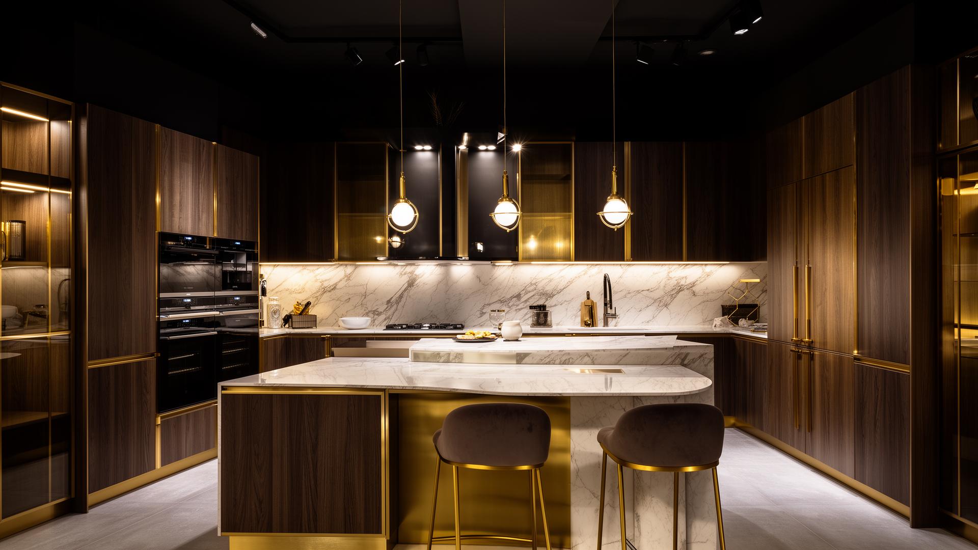 Cozinha planejada de alto padrão com madeira nobre e detalhes em dourado