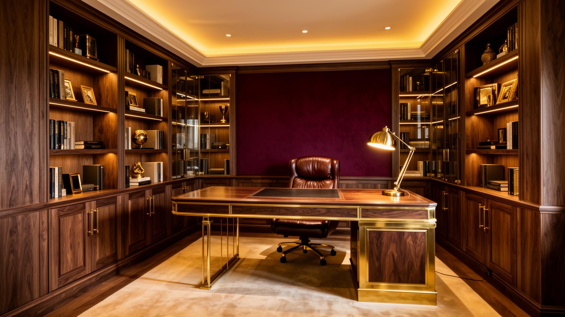 Home office planejado em madeira nobre, parede vermelho escuro e detalhes em latão