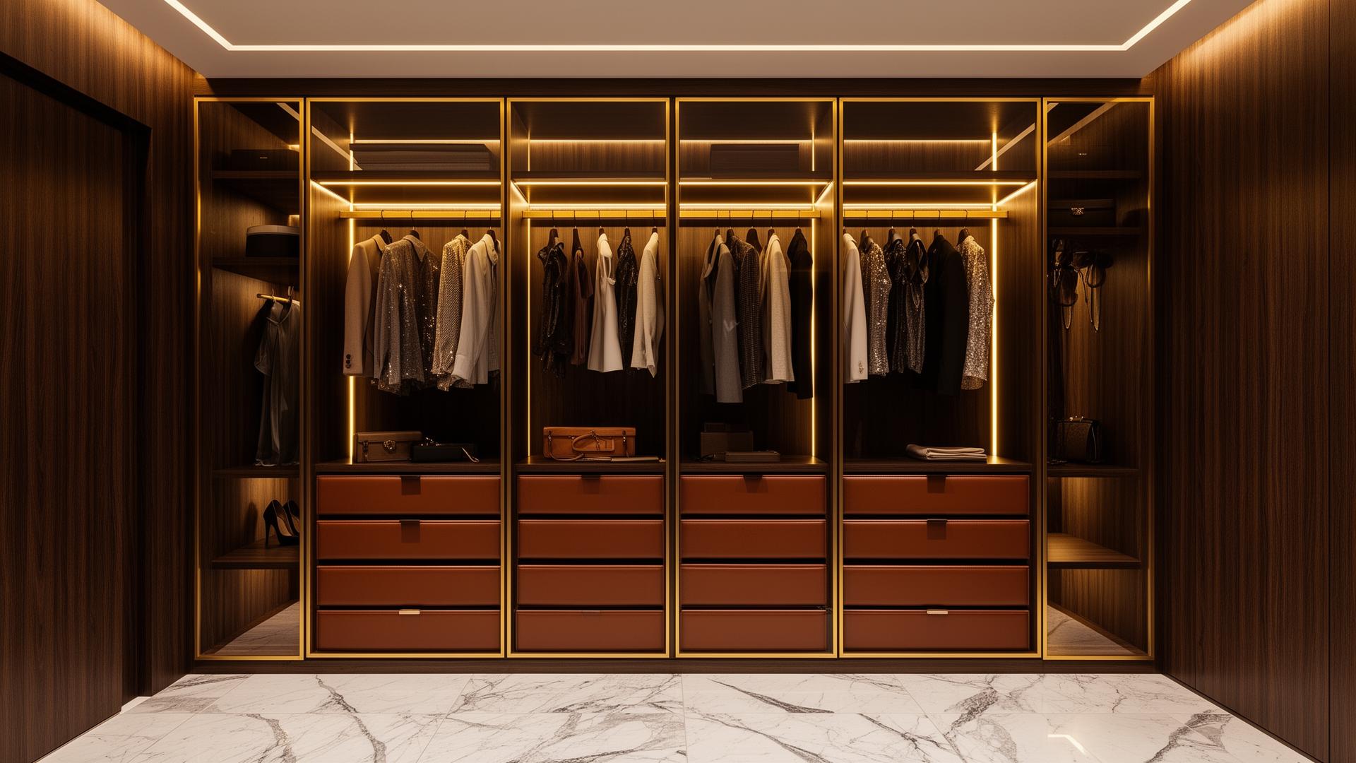 Closet planejado com iluminação dourada, madeira escura e detalhes em couro